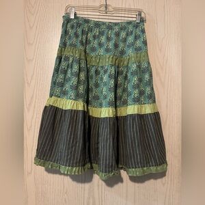 Vintage Marigold Fair Trade Green Floral & Striped Boho Tiered A Line Skirt SM